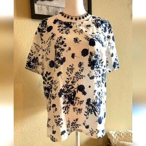 Liz Claiborne  Blouse LG Linen All Over Print Boxey Blend Top Loose Neutral